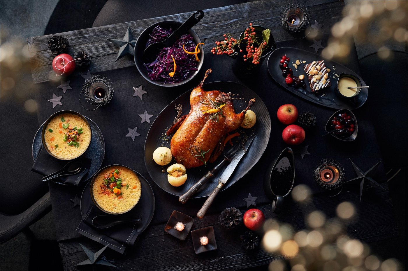 Weihnachtsente für 2 Personen mit Beilagen, Dessert und Suppe